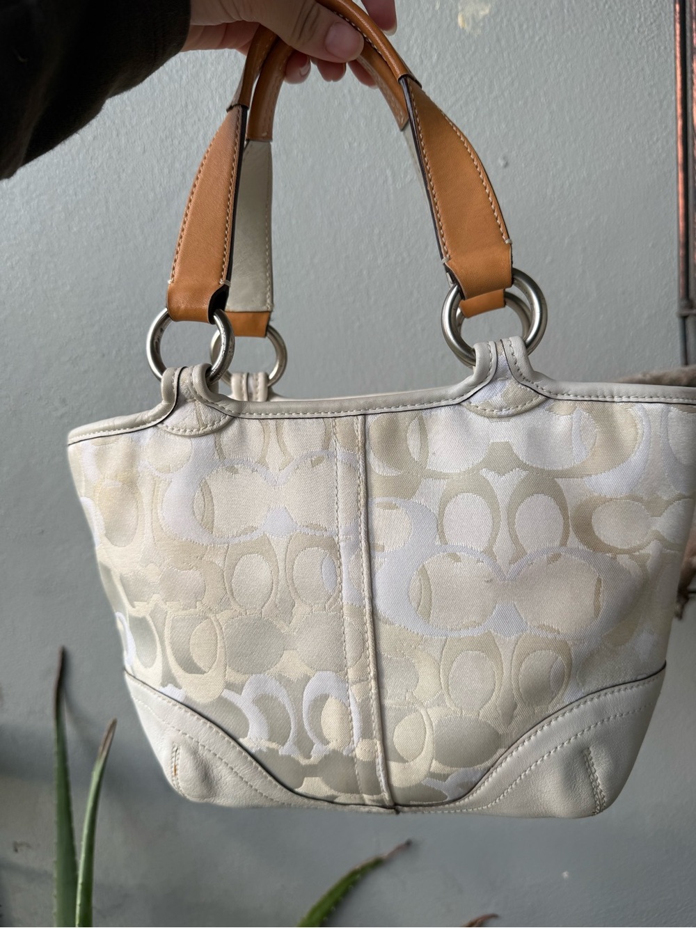 Coach Cream Signature Canvas Satchel with Tan Leather Trim - Picture 4 of 7